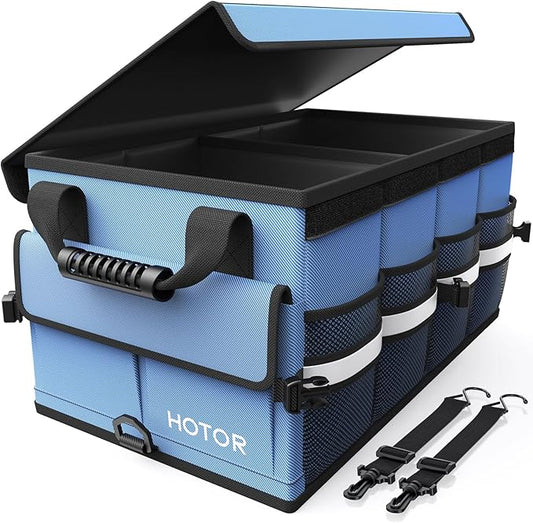 HOTOR Car Trunk Organizer - Foldable Trunk Organizer for SUV, Car Storage with Reflective Strips & Securing Cover, Large Capacity Car Accessories for Truck, Van & Sedan, Blue, 22.1" x 12.6" x 11.0"