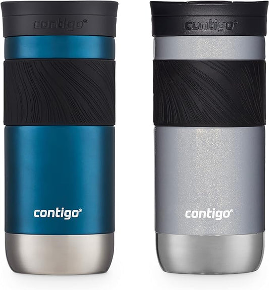 Contigo Byron 2.0 Snapseal Insulated Stainless Steel Travel Mug with Grip 2-pack, 16oz, Blueberry Satin & Gold Morel