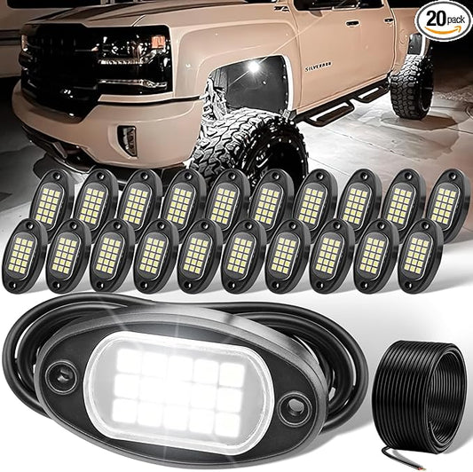 YONEDA 20 Pods White Rock Lights 6000K Ultra Bright LED Neon Underglow Lights IP68 Waterproof for Trucks SUV UTV ATV RZR Car Boats Pickup Motorcycle with 39.37in Extension Wire