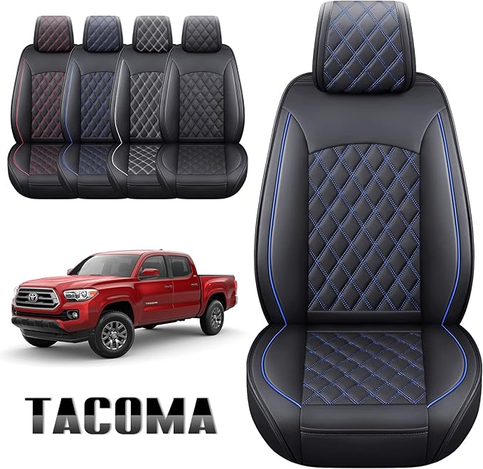 Aierxuan Toyota Tacoma Seat Covers Custom Fit 2005-2025 TRD Off-Road Overlanding Concept SR5 Double Cab Pickup Truck Waterproof Leather Front Car Cushions(2 PCS Front,Black-Blue)