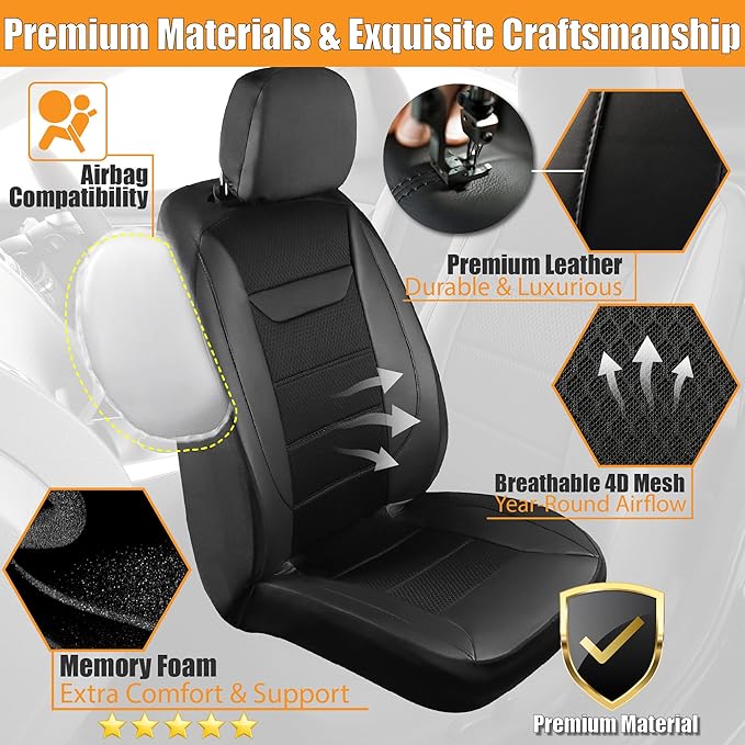 kingphenix 2 Pack Front Memory Foam Leather Car Seat Covers, Breathable 4D Mesh, Easy Install Automotive Seat Protectors, Airbag Compatible, Universal Fit for Cars, Trucks, Vans, SUV - Black