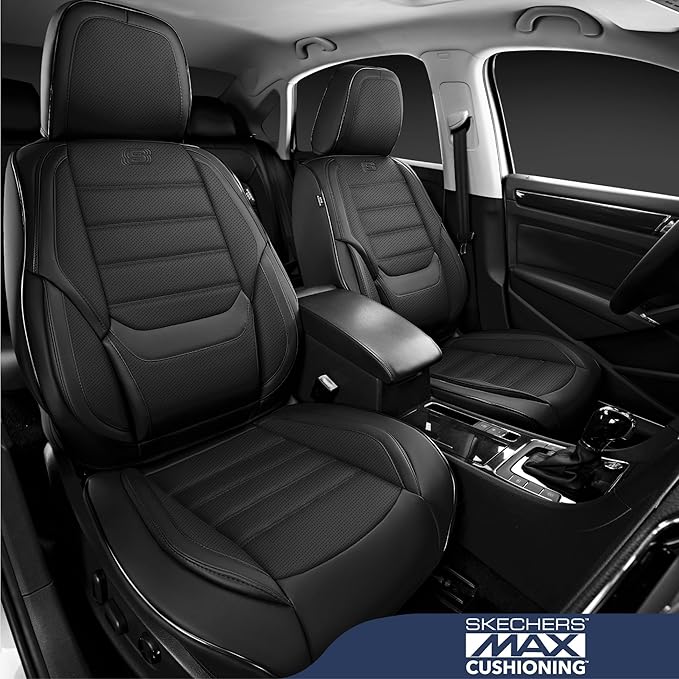 Skechers MAX Cushioning Seat Covers,Memory Foam Leather Car Seat Covers,Waterproof Car Seat Protector Front Seats,Car Seat Cushion Airbag Automotive Universal Fit for Most Cars,Vans,Trucks,SUV,Black