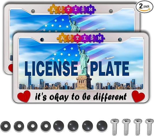 Automotive Exterior Accessories Multicolor License Plate Frames Autism It’s Okay to Be Different Aluminum Metal Car Accessory 2 Pack with Screw Covers Set
