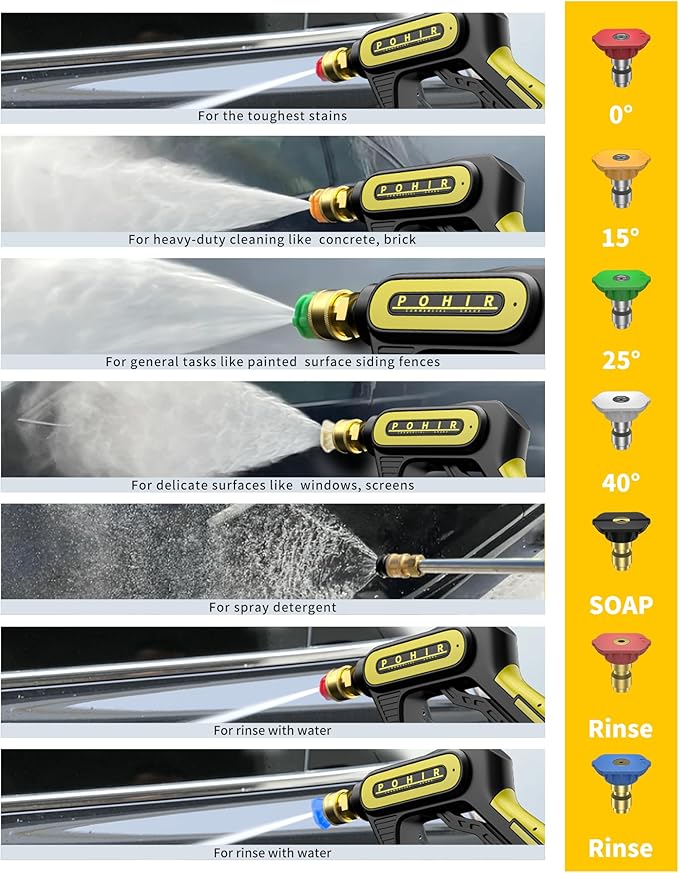 POHIR Pressure Washer Gun 5000 PSI &12 gpm with Nozzle Tips & 1/4'' Quick Connector, Swivel Design Power Washing Gun for Gas Power Washer(Gun+Nozzle)