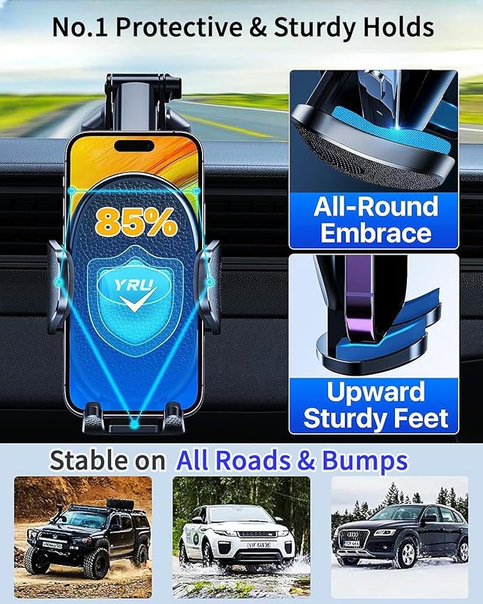 YRU [2025 Upgraded] Universal Car Phone Holder Mount【 360°Rotatable & Strong Suction】 Cell PhoneHolder Car Dashboard Windshield Phone Holder Dash Stand for iPhone 16 15 14 13 12 Samsung Truck, Black