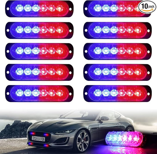 10pcs LED Emergency Strobe Light, 6-LED Ultra Slim Surface Mount Flashing Warning Beacon Hazard Construction Caution Grille Light Bar for Truck Car Off Road Vehicles SUV ATV (Red Blue)