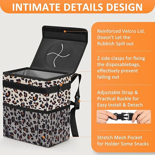 Cute Car Trash Can, Car Accessories for Women Interior Can Trash Bag Hanging Automotive Garbage Cans Leopard Pattern