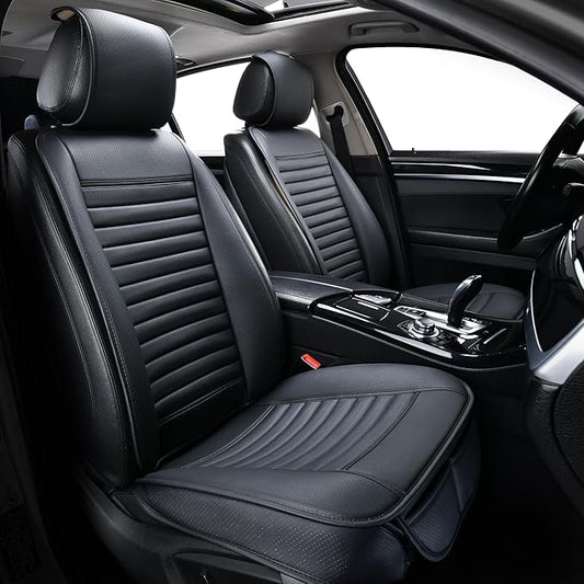 2pc Car Seat Covers, Luxury Car Protectors, Universal Anti-Slip Driver Seat Covers, Edge Wrapping Front Car Seat Covers with PU Leather(Black)