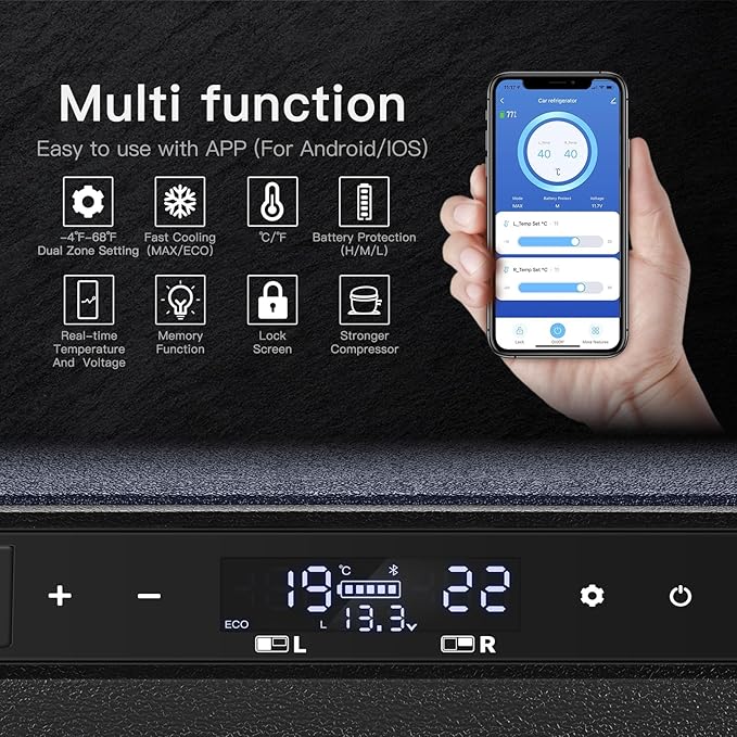 BODEGACOOLER 12 Volt Car Refrigerator, RV Car Fridge Dual Zone APP Control, Portable Freezer,75 Quart(72L) -4℉-68℉ RV Electric Cooler 12/24V DC and 100-240V AC for Outdoor,Camping,Travel