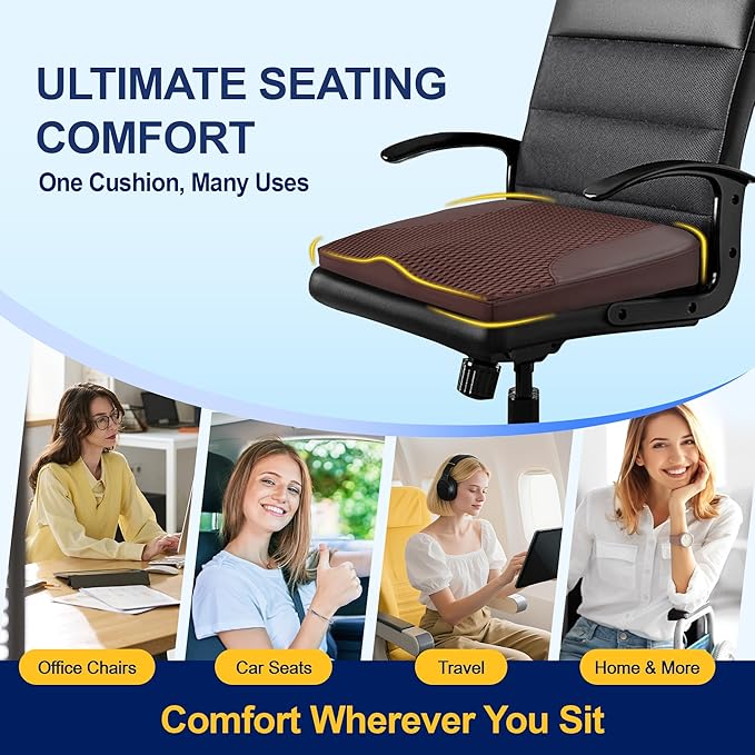 kingphenix Car Seat Cushion – Memory Foam Pad for Driving Comfort – Boosts Height and Relieves Coccyx & Lower Back Pain – Car, Truck, Office Chair (Brown)