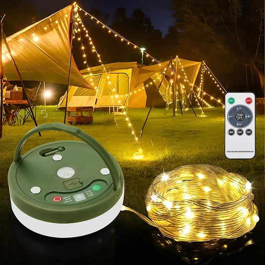 Camping String Lights 4 in 1, Anpro 32.8 Ft String with Warm White 130 LEDs, USB Rechargeable with Remote Control, Adjustable Brightness, 6 Light Modes, Portable Camping Light for Outdoor, Decoration
