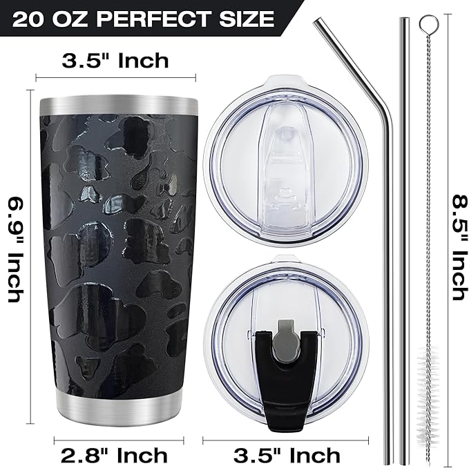 WETOWETO 20oz Tumbler with 2 lids and 2 straws, Stainless Steel Vacuum Insulated Water Coffee Tumbler Cup, Double Wall Powder Coated Spill-Proof Travel Mug Thermal Cup (Black Leopard, 1 Pack)