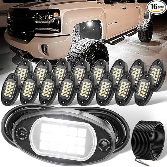 YONEDA 16 Pods White Rock Lights 6000K Ultra Bright LED Neon Underglow Lights IP68 Waterproof for Trucks SUV UTV ATV RZR Car Boats Pickup Motorcycle with 39.37in Extension Wire