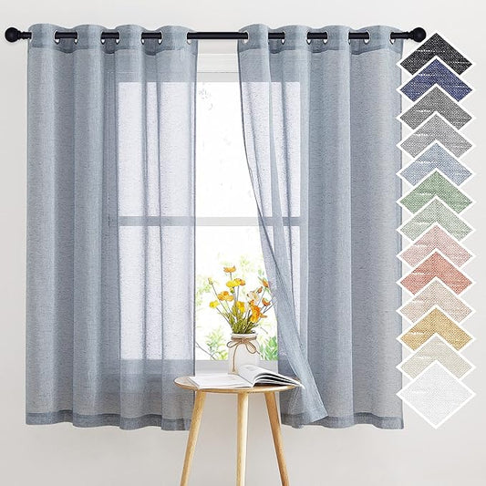NICETOWN Semi Sheer Linen Blend Window Curtains, Grommet Solid Curtain Privacy with Light Filter Flax Texture Window Treatment Vertical Drape for Bedroom/Farmhouse, W52 x L63, Sea Mist, 1 Pair