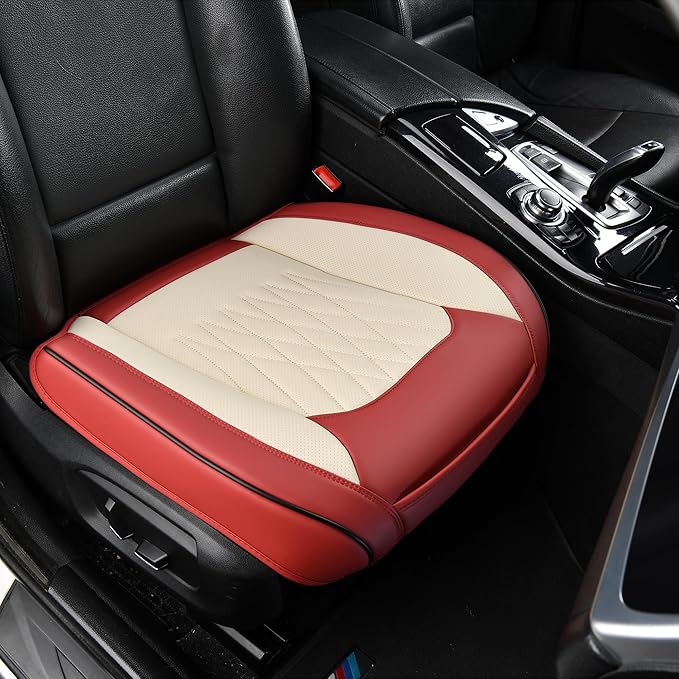2 Pack Front Car Seat Bottom Covers, Universal Auto Seat Cushions, Nappa Leather Full Wrapping Edge Compatible with Most of Vehicles - SUVs/Sedans/Pickup Trucks, Wine Red&White
