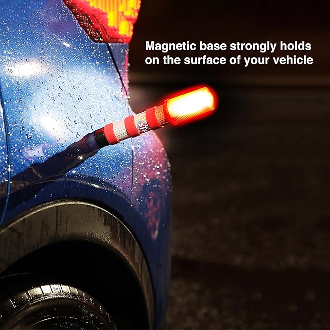 XTREME STP Emergency LED Road Flares, 3 Separate Lighting Modes: Flashing Red, Solid Red and White Flashlight, Visible From Up To A Mile, Foldable Stands/Built-In Magnet Sticks To Car