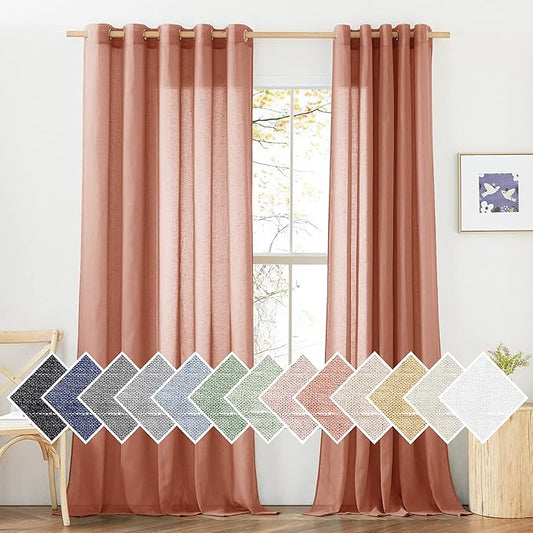 NICETOWN Semi Sheer Linen Patio Curtains for Sliding Door, Grommet Top Rustic Linen Burlap Curtains Privacy with Light Through Drapes for Bedroom/Home Office, Burnt Orange, W70 x L84, 1 Pair