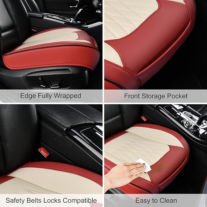 2 Pack Front Car Seat Bottom Covers, Universal Auto Seat Cushions, Nappa Leather Full Wrapping Edge Compatible with Most of Vehicles - SUVs/Sedans/Pickup Trucks, Wine Red&White
