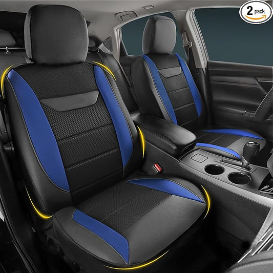 kingphenix 2PCs Memory Foam Leather Car Seat Covers, Breathable 4D Mesh, Easy Install Automotive Seat Protectors, Airbag Compatible, Universal Fit for Cars, Trucks, Vans, SUV - Blue