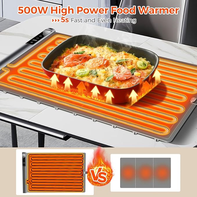 Warming Mat for Food,Silicone Electric Warming Tray for Buffets Party and Home,10s Fast Full Surface Food Heating pad,Portable Design for Daily Use,8 Temperture Settings & 1-6h Timer (Dark Grey)