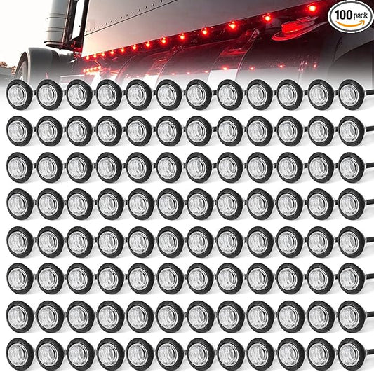 100Pcs 3/4 Inch Clear Lens Red 3 LED Marker lights, LED trailer Marker Light, LED Clearance Bullet Marker Light, Turn Signal Identification Indicator Light for Trailer Truck RV Car Bus Van
