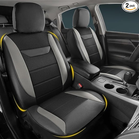 kingphenix 2PCs Memory Foam Leather Car Seat Covers, Breathable 4D Mesh, Easy Install Automotive Seat Protectors, Airbag Compatible, Universal Fit for Cars, Trucks, Vans, SUV - Gray