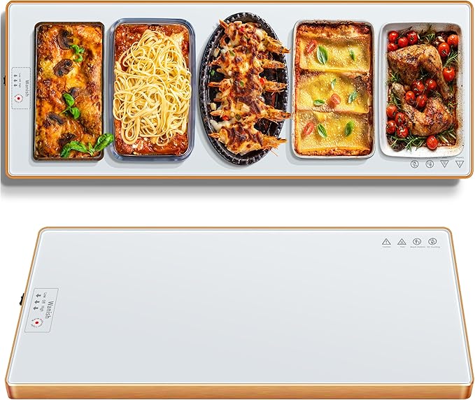 Electric Warming Tray (Extra Long 47.24”x11.81”)，Food Warmers for Parties Buffet & Gathering, Tempered Glass Warming Mat for Food with Adjustable Temperature Modes, White Chafing Dishes