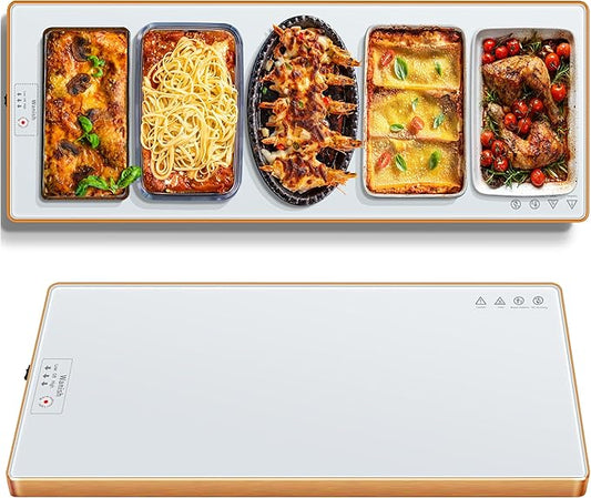 Electric Warming Tray (Extra Long 47.24”x11.81”)，Food Warmers for Parties Buffet & Gathering, Tempered Glass Warming Mat for Food with Adjustable Temperature Modes, White Chafing Dishes