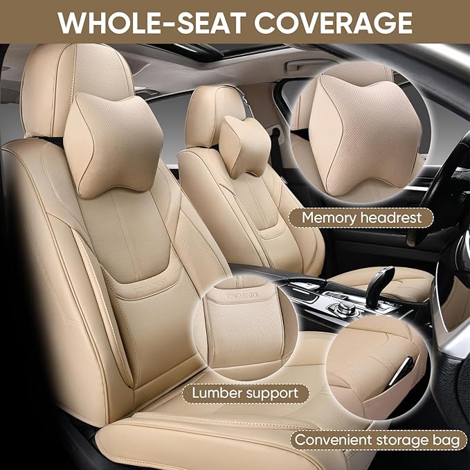 Auto Car Seat Covers Accessories Front Seat Leather Cushion Protector Breathable Waterproof Seat Cover for Cars Universal Fit (Beige, Front Pair)