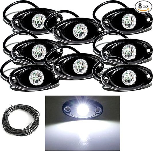 YONEDA 8 Pods White Rock Lights 6000K Ultra Bright LED Neon Underglow Lights IP68 Waterproof for Trucks SUV UTV ATV RZR Car Boats Pickup Motorcycle with 32.8in Extension Wire
