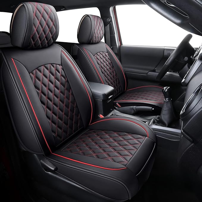 Aierxuan Toyota Tacoma Car Seat Covers Custom Fit 2005-2025 TRD Pro Magnetic Gray Trail Edition SR Double Cab Pickup Truck Waterproof Leather Full Seat Cushions(Full Set, Black-Red)