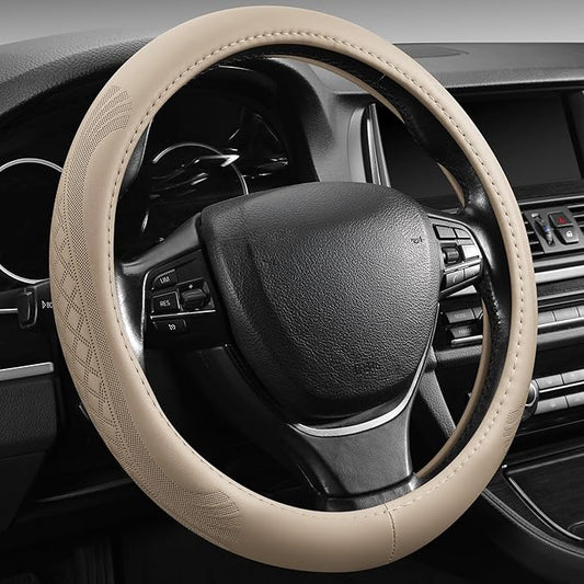 【2025 Model】 Premium Nappa Leather Car Steering Wheel Cover for Men Women, Non-Slip, Breathable, Universal 15 inches Steering Wheels, Beige