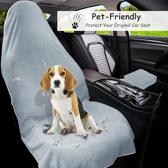 Car Seat Towel Cover, 2pcs Universal Front Seat Protector for Cars, SUVs and Trucks, Sweat Towel Car Seat Cover for Gym, Yoga, Swimming, Pets and Family Travel, Light Gray