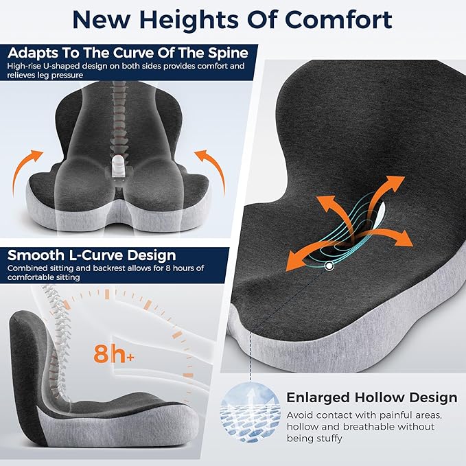 Seat Cushion, Office Chair Cushions for Lower Back Tailbone Protect, Seat Cushions for Office Chair with L-Shaped Ergonomic Design, Memory Foam Chair Cushion for Long Sitting Office Worker(Black Gray)