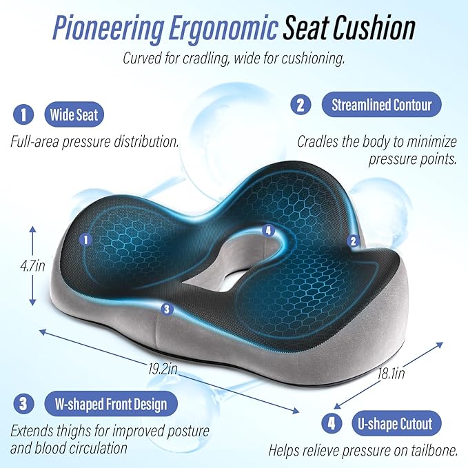 Seat Cushion for Pressure Relief - Medical Grade Coccyx Pain Relief for Sciatica & Tailbone, W-Shaped Memory Foam with Non-Slide Base, Office/Car/Wheelchair (Black)