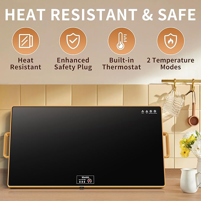 Electric Warming Tray (XXL 32”x18”)，Food Warmers for Parties Buffet with Thermostat & Full Surface Heating, Tempered Glass Warming Mat for Food, Temperature Adjustable Gold Handles Food Warming Mat