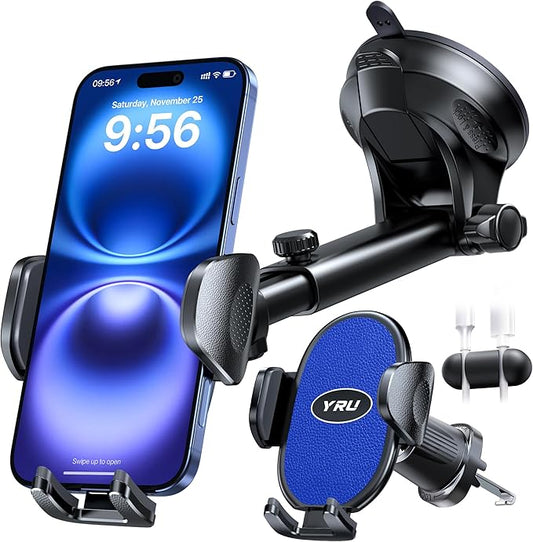 YRU [2025 Upgraded Universal Car Phone Holder Mount【 360° Rotatable&Strong Suction】 Cell PhoneHolder Car Dashboard Windshield Phone Holder Dash Stand for iPhone 16 15 14 13 Samsung Truck, Light Blue