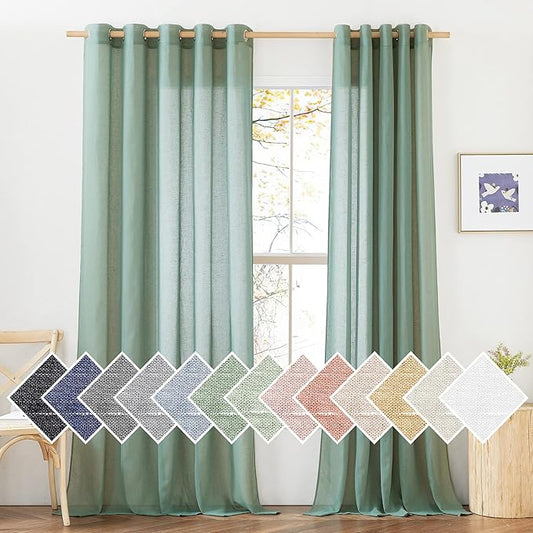 NICETOWN Linen Curtains Flax Sheer Texture for Living Room, Grommet Semi Sheer Vertical Drapes Privacy with Light Filtering for Bedroom/Patio Door, W70 x L96, Olive Green, 1 Pair