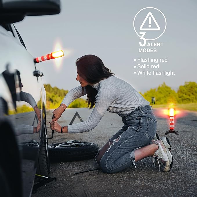 XTREME STP Emergency LED Road Flares, 3 Separate Lighting Modes: Flashing Red, Solid Red and White Flashlight, Visible From Up To A Mile, Foldable Stands/Built-In Magnet Sticks To Car