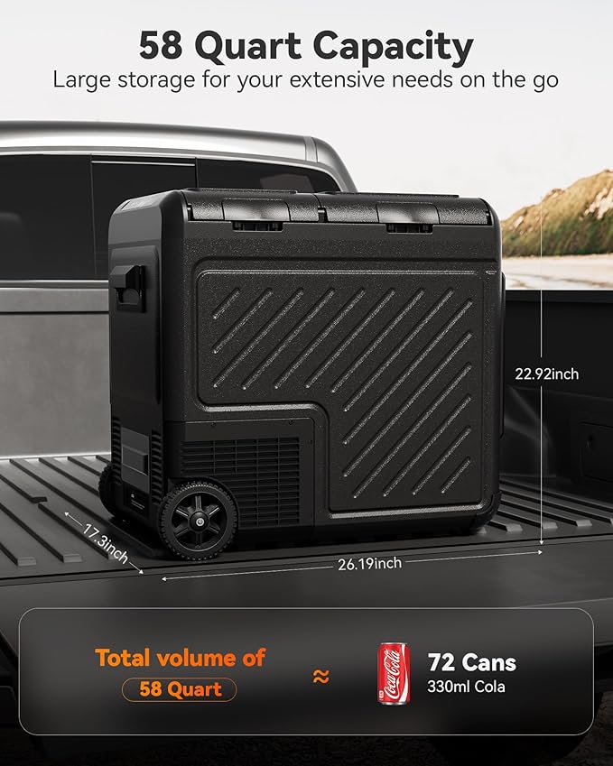 WOLFBOX 12V Car Refrigerator, 58 Quart Dual Zone Car Fridge, Portable Freezer(-8℉~68℉) with 12/24V DC 100/240V AC, APP Control Electric Cooler for Car, RV, Camping, Travel and Home Use