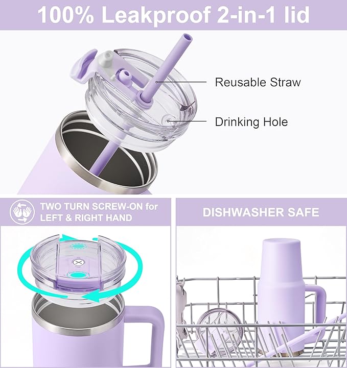 SUNWILL Travel Coffee Mug with Lid, 20 oz Tumbler with Handle and Straw Leak Proof, Stainless Steel Cup Insulated for Office & Gym, Cupholder Friendly, Powder Coated Orchid