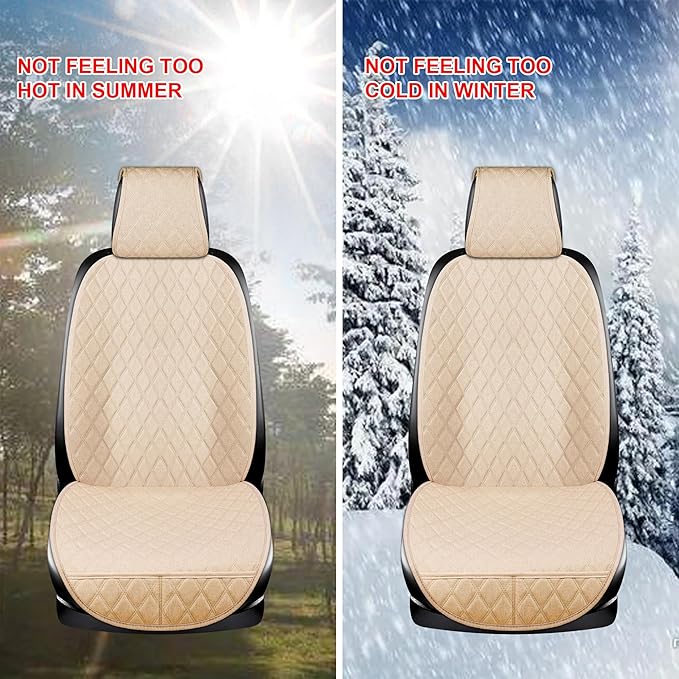 2PCS Linen Front Seat Covers for Cars Sideless Seat Covers Breathable Cloth Fabric Car Seat Protector Universal Fit Most Automotive, SUV, Trucks, Van(Beige)