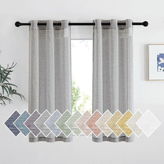 NICETOWN Charcoal Grey Linen Curtains for Bedroom 48 inch Long, Grommet Flax Semi Sheer Short Window Treatments Privacy with Light Filtering Drapes for Kids Room, 2 Panels, W36 x L48