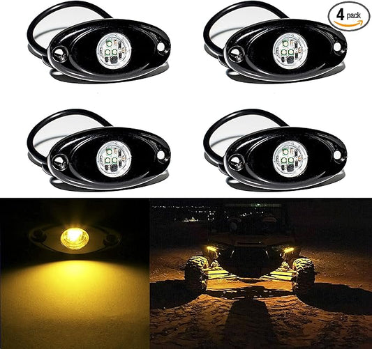 YONEDA 4 Pods Yellow Rock Lights 6000K Ultra Bright LED Neon Underglow Light IP68 Waterproof for Trucks SUV UTV ATV RZR Car Boats Pickup Motorcycle