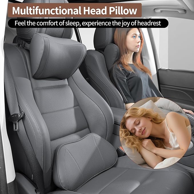 Car Headrest Pillow 100% Memory Foam, Breathable Removable Leather Cover, Premium Seat Support Head Neck Cushion for Driving Travel Home Office, Gray, 2 Pack