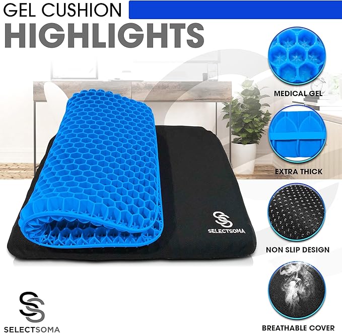 SelectSoma Double-Thick Super Large Gel Seat Cushion- Breathable and Cooling Honeycomb Design - Pressure Relief for Sciatica, Tailbone & Back Pain - Office Chair, Wheelchair, Car & Truck Cushion