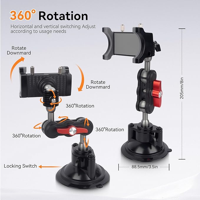 Suction Cup Car Phone Mount, 360°Rotating Car Phone Holder Video Recording, Universal Ball Head Arm for Cellphone Car Holder, Heavy Duty Car Phone Mount for Dashboard, Windshield-SJ002 (Standard02)