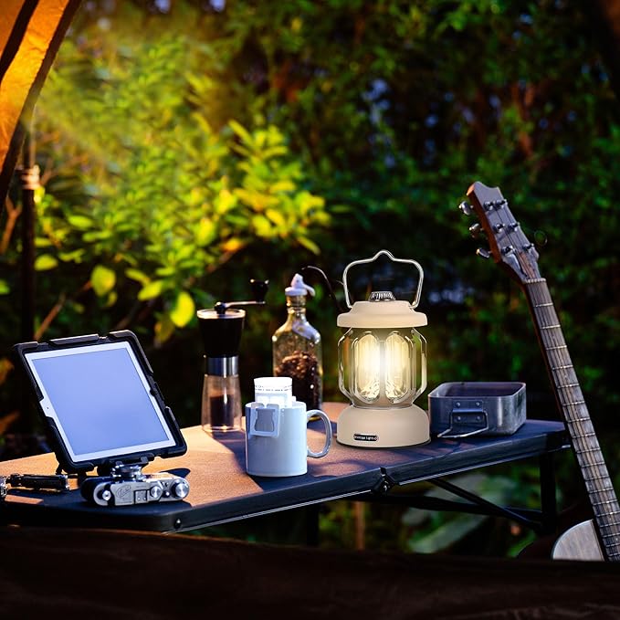 Rechargeable LED Camping Lanterns, Vintage Camping Lights Battery Operated, Portable Retro Metal Glamping Lights for Hiking, Hurricane, Decoration, Power outages, White, 2 Pack