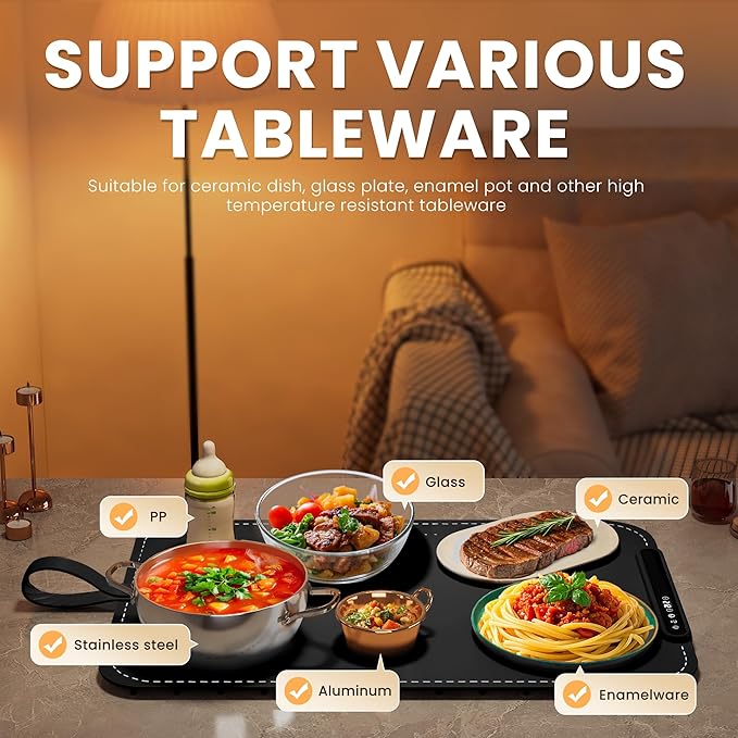 Warming Mat for Food - Electric Warming Tray, Full Surface Rapid Heating Food Warmer Mat with 6 Temperature Settings, Silicone Heating Pad for Party Buffet, Great Gift for Women (Black, XL)