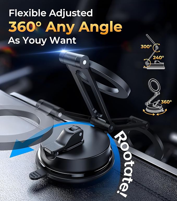 【Vacuum Suction Folding Car Mount】 Magnetic Car Phone Holder for magsafe, Aerospace Alloy Arm, Best Dashboard/Windshield/Screen Holder for Your Car/Tesla/Gym/Mirror/Shower/Smooth Surface/iPhone